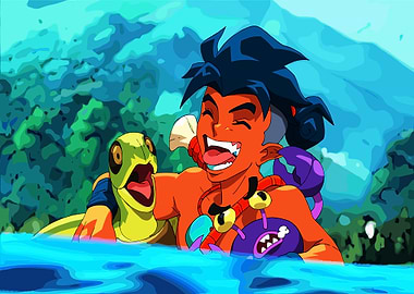Joyful character with sea creatures in water