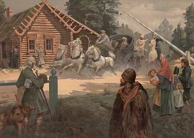 Russian Village Scene with Carriage