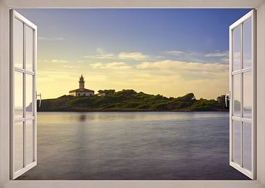 Lighthouse Island View Through Open Window Mallorca