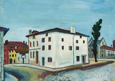 European Street Scene with White Building