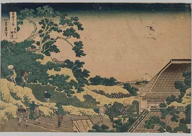 Ukiyo-e print of travelers near Mount Fuji