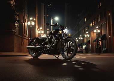 Black Motorcycle on a City Street at Night