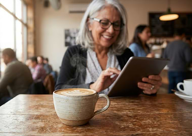 Woman using tablet in coffee shop