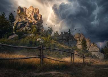 Stormy Tustan Mountain Landscape with Birds