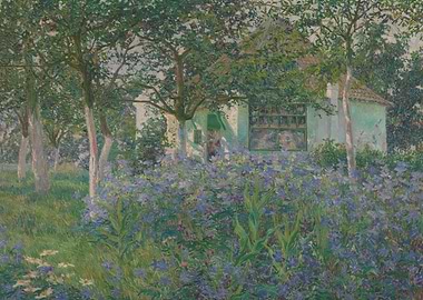 Impressionist Garden with Blue Flowers and House