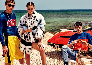 Models posing by a red car on a beach
