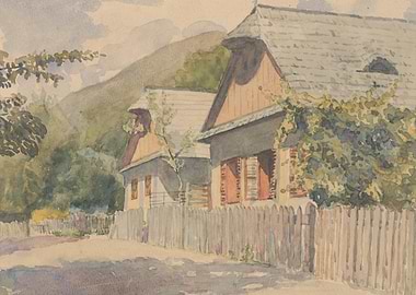Watercolor painting of rural houses and fence