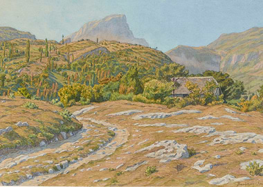 Rural Landscape with House and Mountains