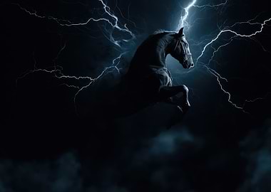 Black Horse Rearing Amidst Lightning