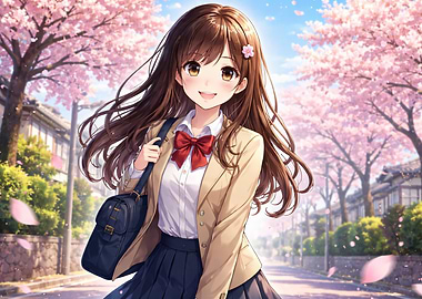 Anime girl in school uniform under cherry blossoms