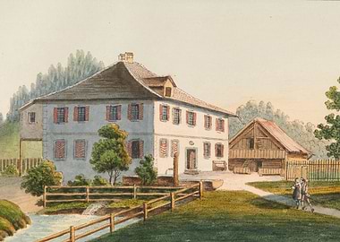 Watercolor painting of a rural estate
