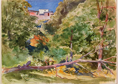 Watercolor Landscape with Buildings and Fallen Tree