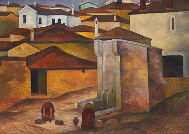 Village scene with women at a fountain
