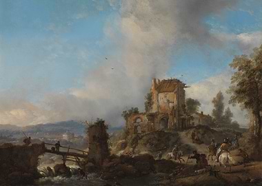 Ruined building with travelers and a bridge