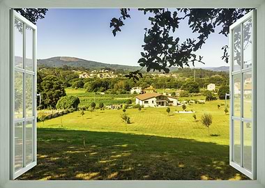 View from an open window of a rural landscape