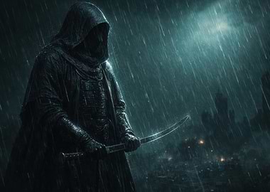 Mysterious hooded figure with sword in rain