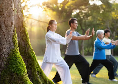 People practicing Tai Chi in a park