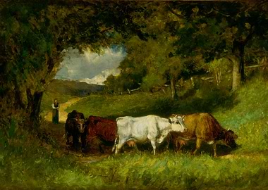 Cows and a woman in a landscape