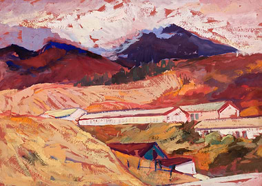Impressionistic Landscape with Buildings and Mountains