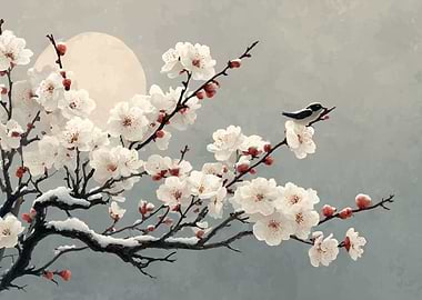 Bird on a blooming cherry blossom branch