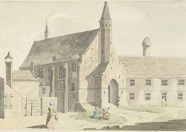 Watercolor painting of a European town square
