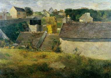 Impressionist Village Rooftops and Landscape