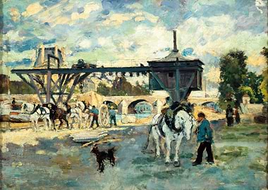 Industrial Scene with Horses and Crane