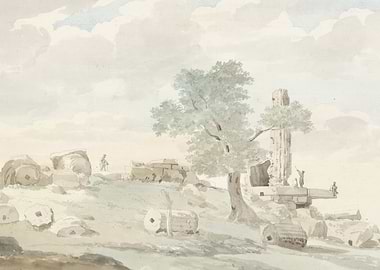 Ancient Ruins with a Tree and Figures