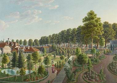 Victorian Park Scene with People and Buildings