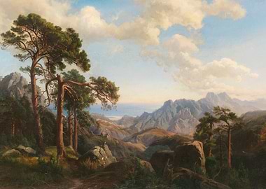 Mountain Landscape with Pine Trees and Sea