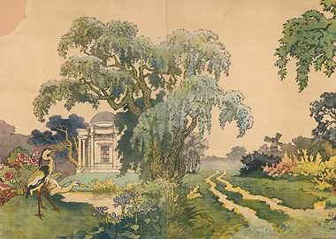 Serene Garden Scene with Birds and Gazebo