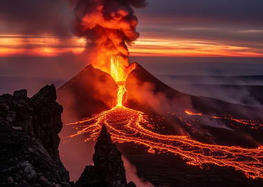 Volcano Erupting Lava at Sunset