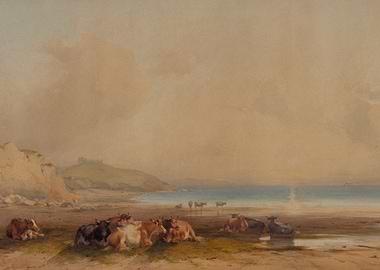 Cows on a Beach with Distant Castle