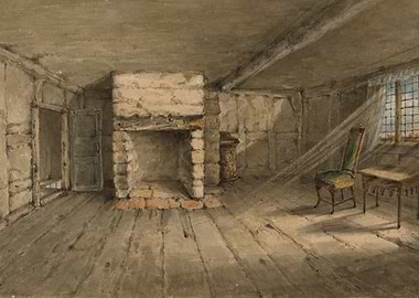 Interior of a rustic room with fireplace