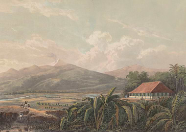 Tropical landscape with house and mountains