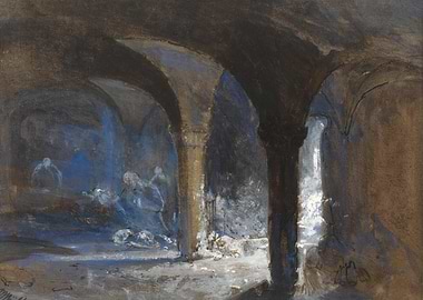 Figures in a Dark, Arched Interior
