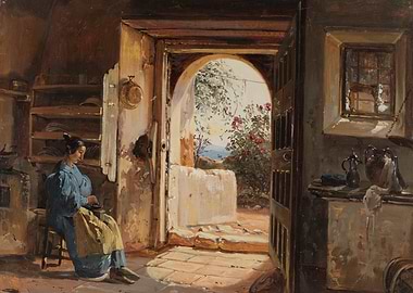 Woman working in a sunlit room with a view