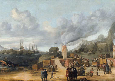 17th Century Harbor Scene with Ships and Industry