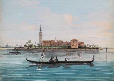 Venetian Canal Scene with Gondola and Island