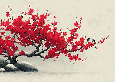 Red Cherry Blossoms with Birds