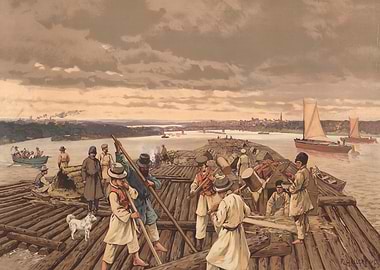 River workers building a raft