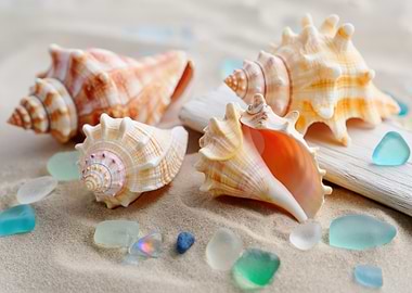 Seashells and Sea Glass on Sand