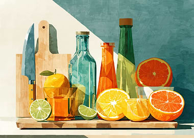 Still Life with Citrus and Bottles