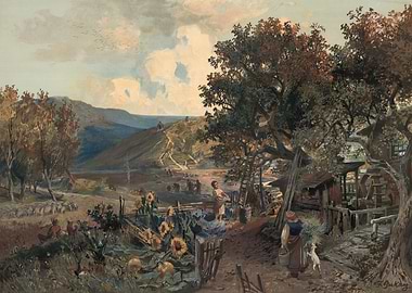 Rural Harvest Scene with Watermill