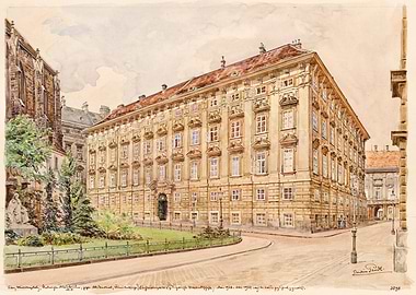 Watercolor painting of a historic European building
