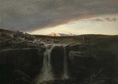 Deer by a Waterfall at Sunset