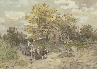 Oxen pulling a cart in a rural landscape