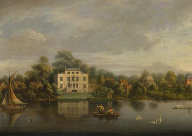 Riverside Estate with Sailboat and Swans