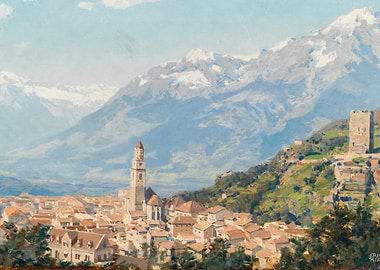 Alpine Town with Snow-Capped Mountains