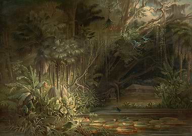 Lush Jungle Scene with Water Lilies and Birds